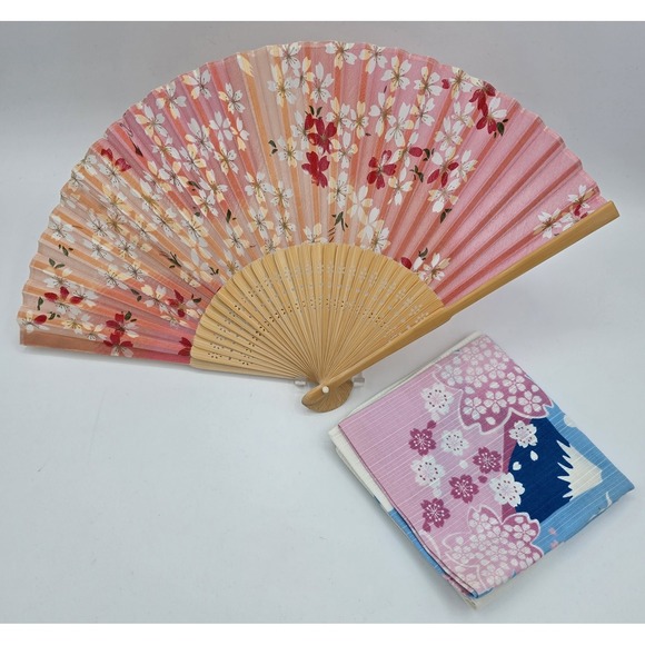 VTG Cherry Blossom Pink & White Folding Fan +Japanese Mt. Fuji Matching Fabric - Picture 11 of 12